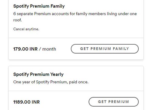 Pricing for the monthly and yearly plans of Spotify Premium Family